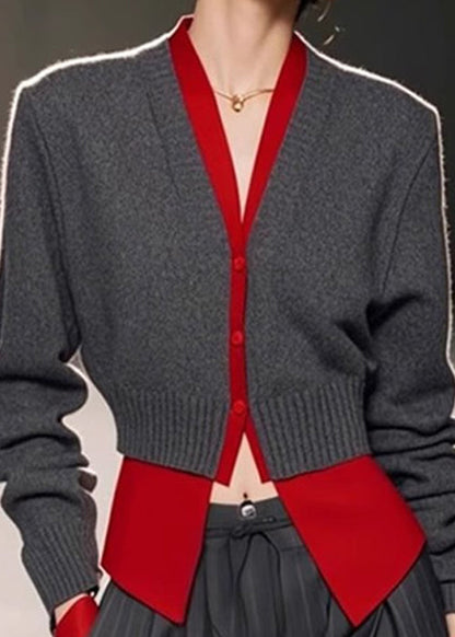 Art Pieces Knit Patchwork Sweater Spring Neck Grey V Two False