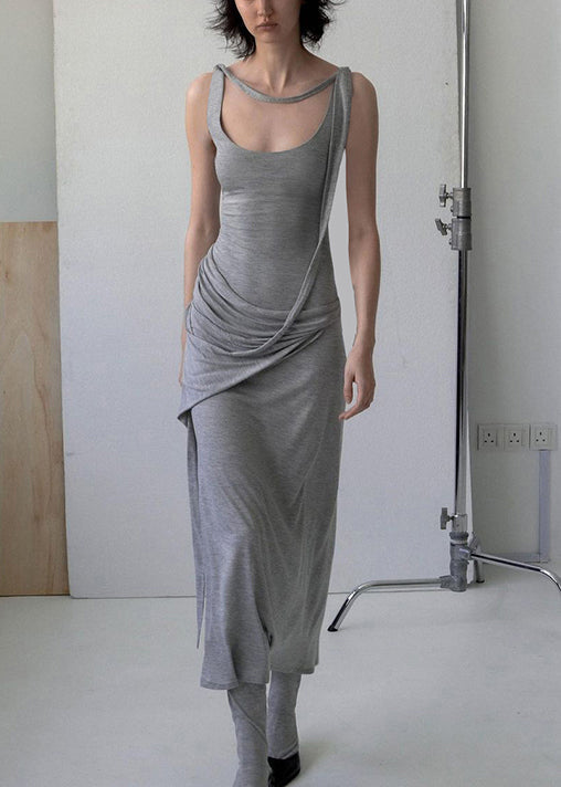 Solid Grey Cotton Art Dress Strap Spaghetti Wrinkled Sleeveless