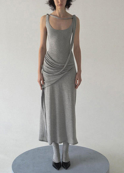 Solid Grey Cotton Art Dress Strap Spaghetti Wrinkled Sleeveless