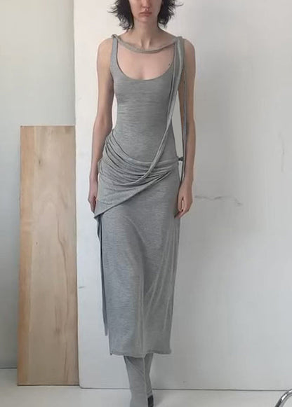 Solid Grey Cotton Art Dress Strap Spaghetti Wrinkled Sleeveless