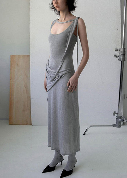 Solid Grey Cotton Art Dress Strap Spaghetti Wrinkled Sleeveless