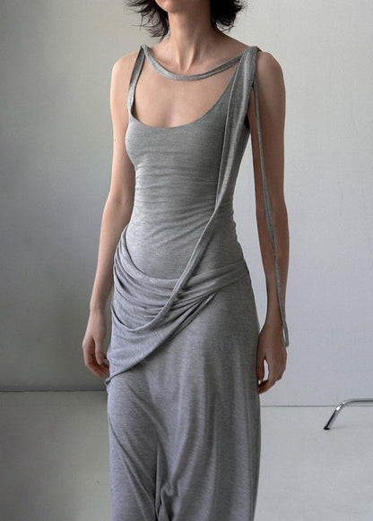 Solid Grey Cotton Art Dress Strap Spaghetti Wrinkled Sleeveless