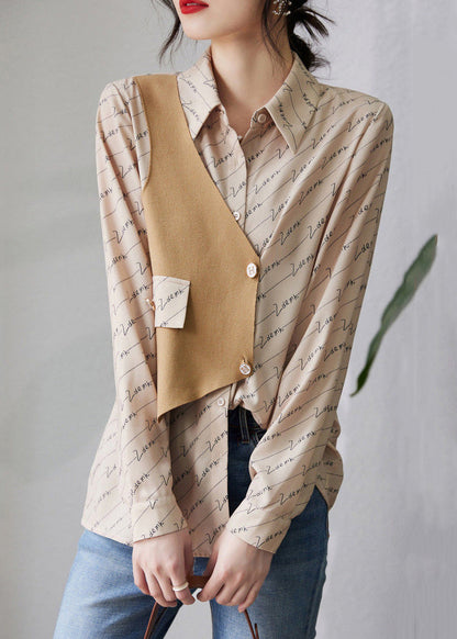 Asymmetrical Patchwork Blouse Cotton Print Art Fall Khaki