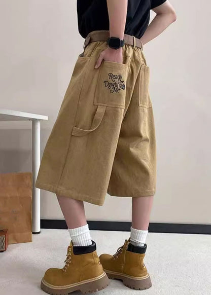 Art Mens Pockets Crop Summer High Pants Waist Khaki Letter