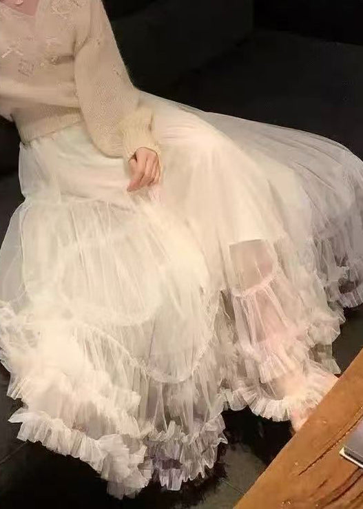 Ruffled Khaki Summer Elastic Skirt Art Tulle Waist