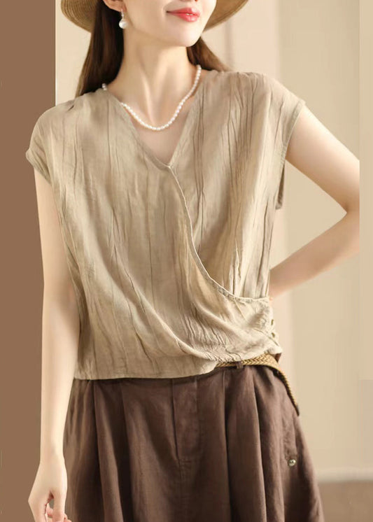 Wrinkled Neck Art Sleeveless V Khaki T Shirt Cotton