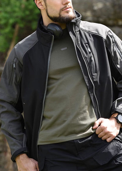 Spring Khaki Fleece Art Coat Men Zip Up Warm Patchwork Pockets