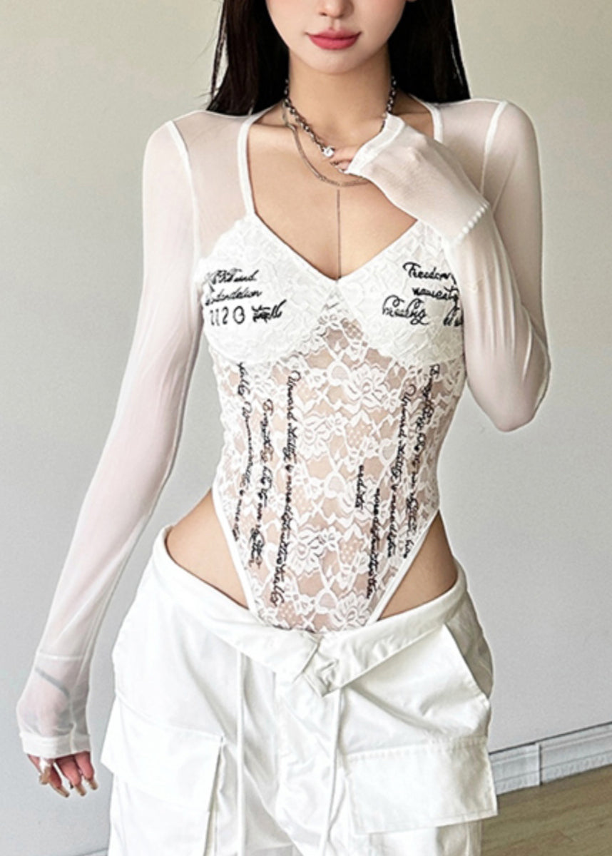 Bodysuit Lace Graphic Patchwork O-Neck Art Black Tulle