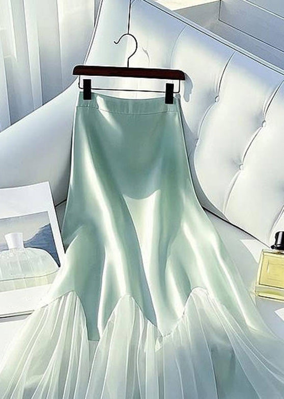 Green Summer Tulle Silk High Skirt Waist Light Patchwork Art Maxi
