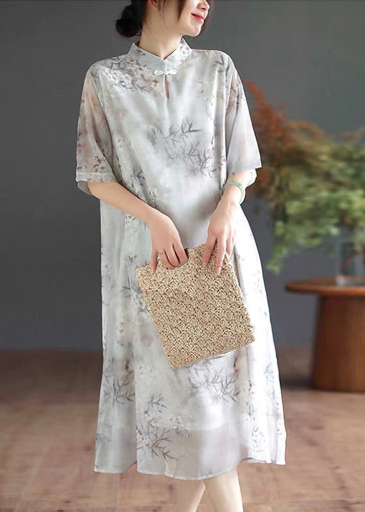 Art Mandarin Collar Bamboo Print Chiffon Dress Summer TM024