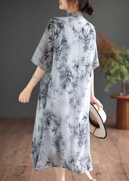 Art Mandarin Collar Bamboo Print Chiffon Dress Summer TM024
