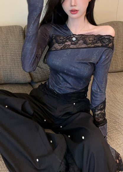 Art Navy Asymmetrical Patchwork Cold Shoulder Top Spring YP013