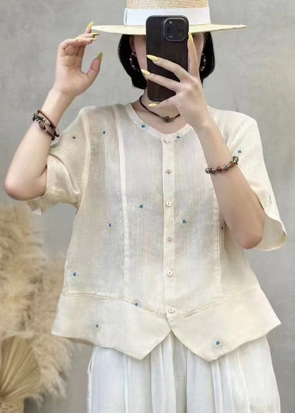 Embroidered Patchwork Summer Shirt Top Navy Linen Art