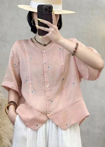 Embroidered Patchwork Summer Shirt Top Navy Linen Art