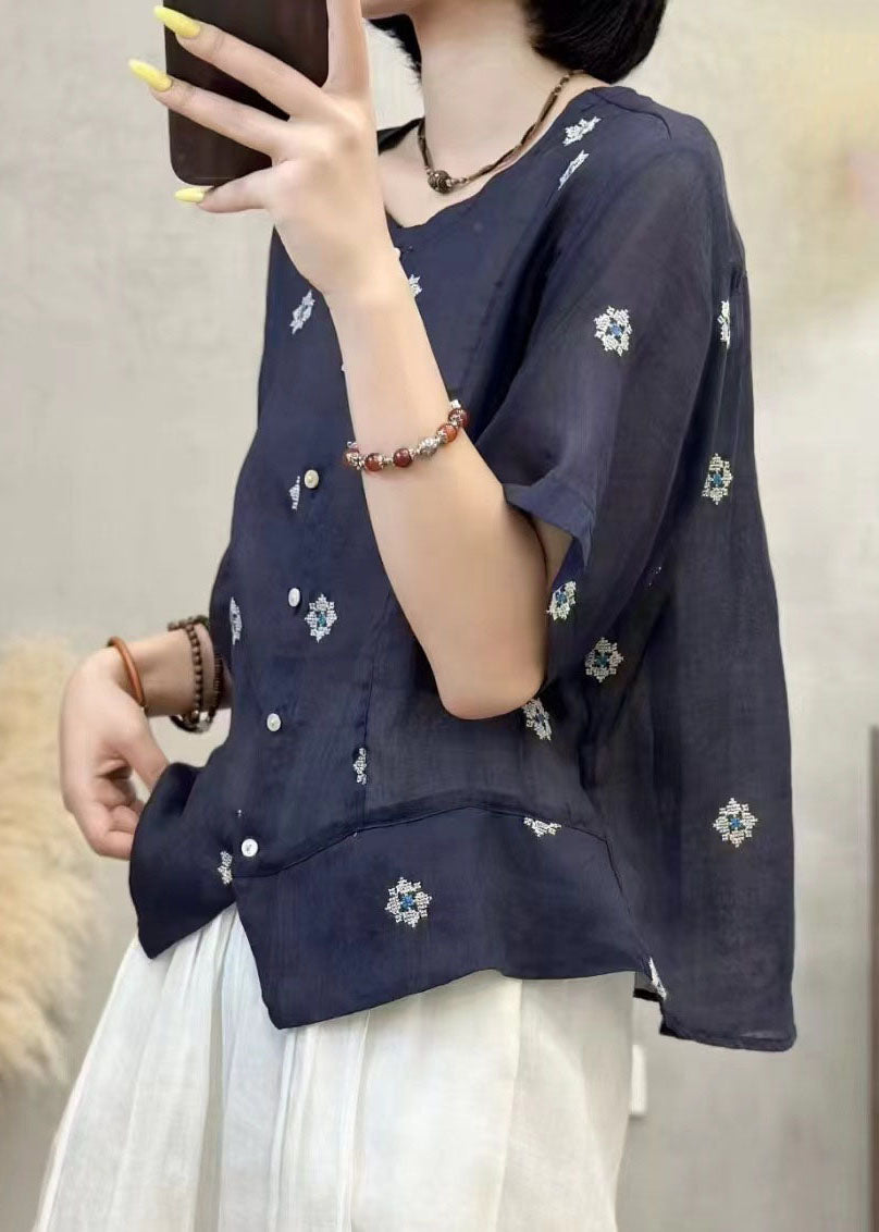 Embroidered Patchwork Summer Shirt Top Navy Linen Art