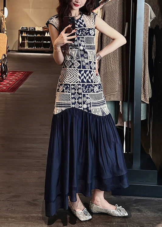 Neck O Navy Dress Long Patchwork Art Hollow Cotton Out Wrinkled