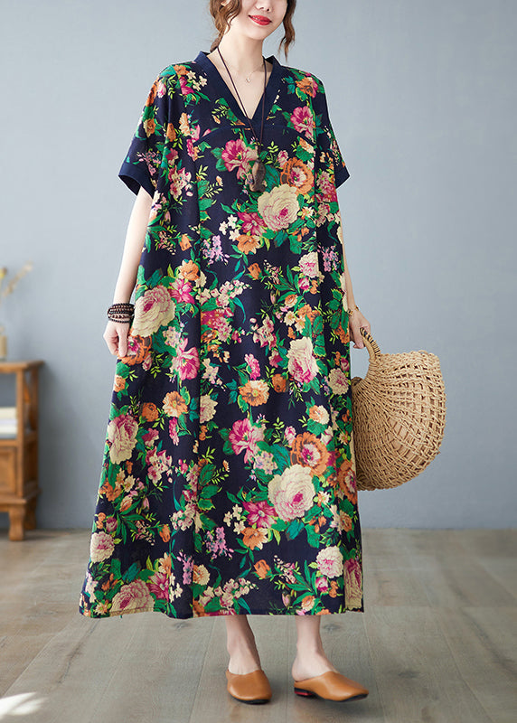 Navy Cotton Summer Art Print Dress Oversized