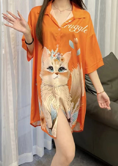 Art Orange Peter Pan Collar Print Ice Silk Pajamas Blouses Dress Spring YK013