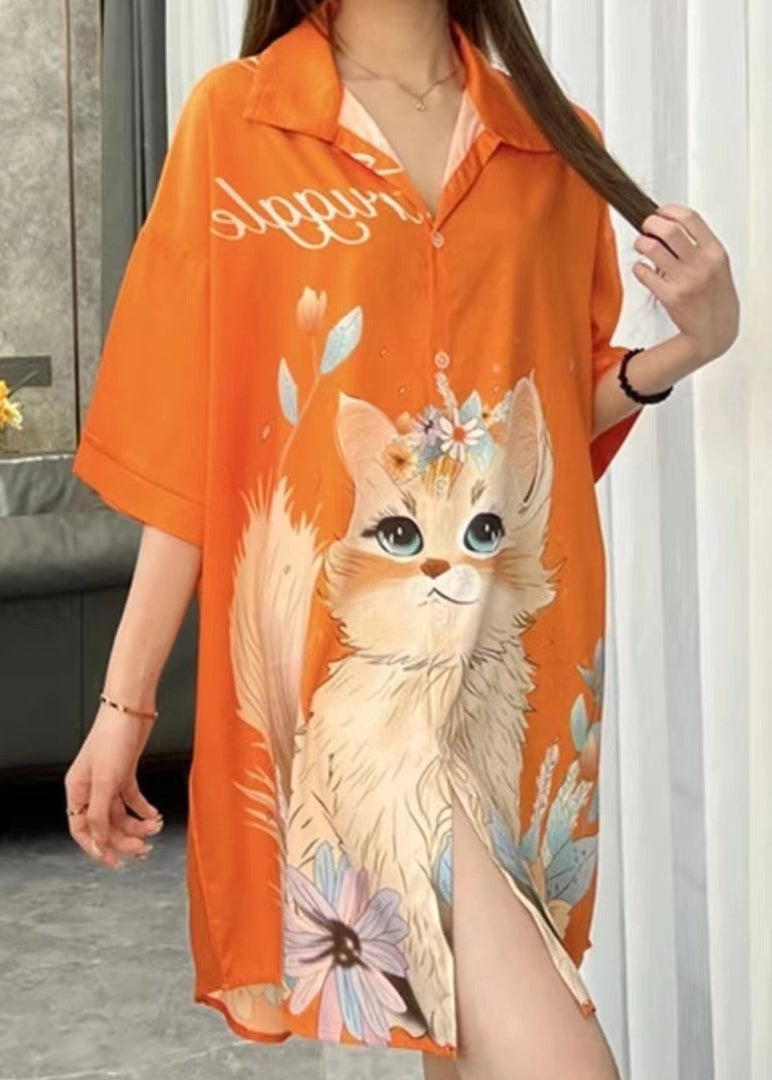 Art Orange Peter Pan Collar Print Ice Silk Pajamas Blouses Dress Spring YK013