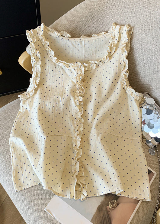 Shirts Dot Cotton Ruffled Art Sleeveless Button Orange