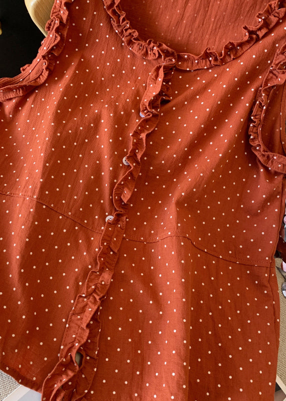 Shirts Dot Cotton Ruffled Art Sleeveless Button Orange