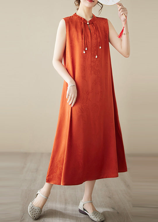 Art Orange Tasseled Jacquard Silk Dress Sleeveless TM038