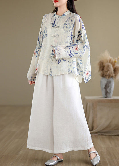 Art Oversized Print Chinese Button Linen Blouses Spring TM028