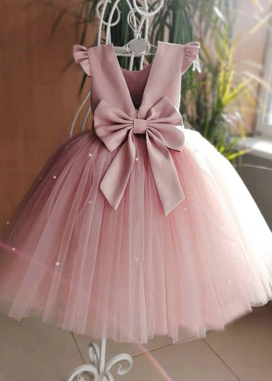 Art Pink Cute Pink Tulle Patchwork Pearl Girls Long Dresses Summer YS033