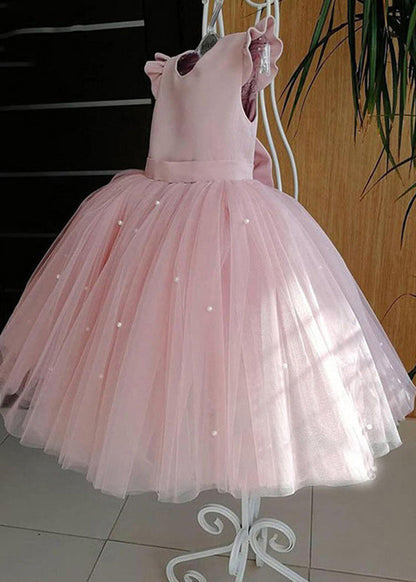 Art Pink Cute Pink Tulle Patchwork Pearl Girls Long Dresses Summer YS033