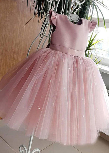 Art Pink Cute Pink Tulle Patchwork Pearl Girls Long Dresses Summer YS033