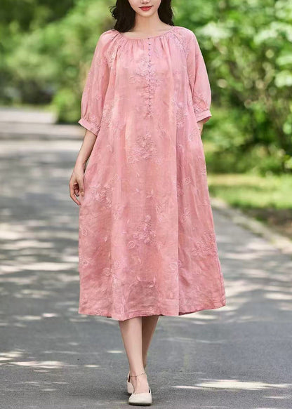 Pink Art Sleeve Long Linen Dress Button Half Pockets Embroidered