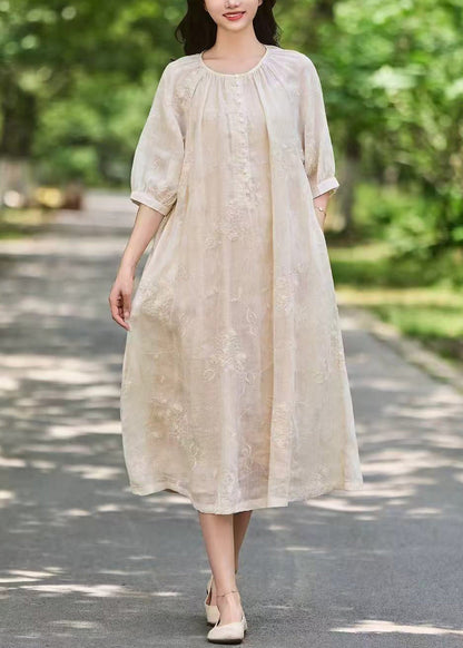 Pink Art Sleeve Long Linen Dress Button Half Pockets Embroidered
