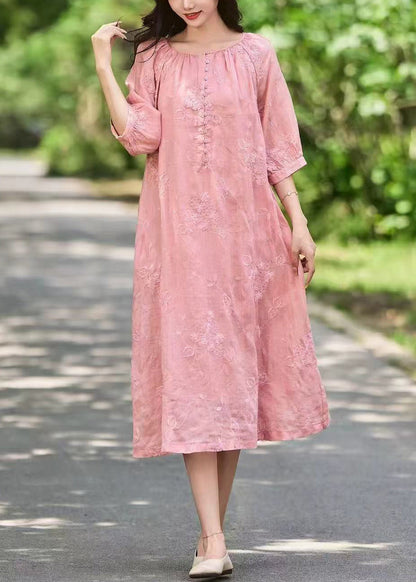 Pink Art Sleeve Long Linen Dress Button Half Pockets Embroidered