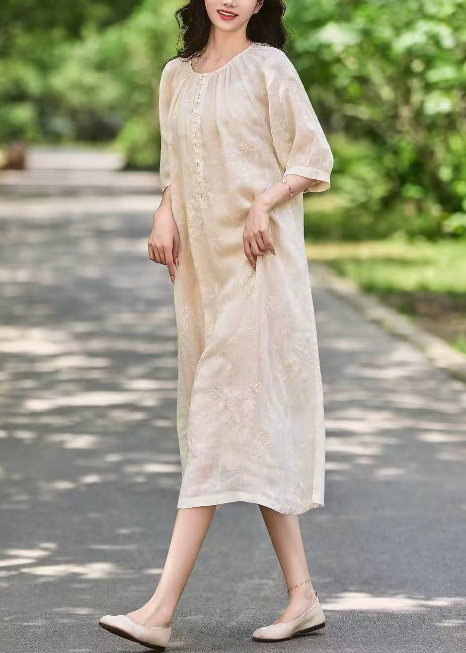Pink Art Sleeve Long Linen Dress Button Half Pockets Embroidered