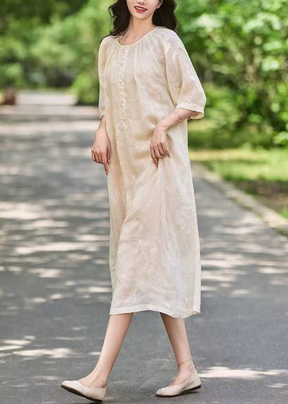 Pink Art Sleeve Long Linen Dress Button Half Pockets Embroidered
