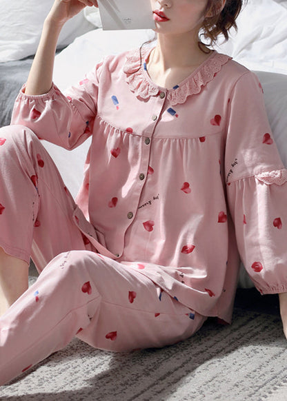 Pink Pajamas Two Print Cotton Set Pieces Fall Lace Art Button