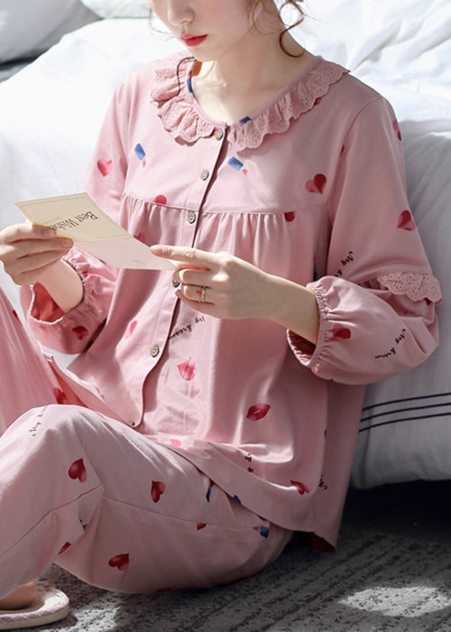 Pink Pajamas Two Print Cotton Set Pieces Fall Lace Art Button