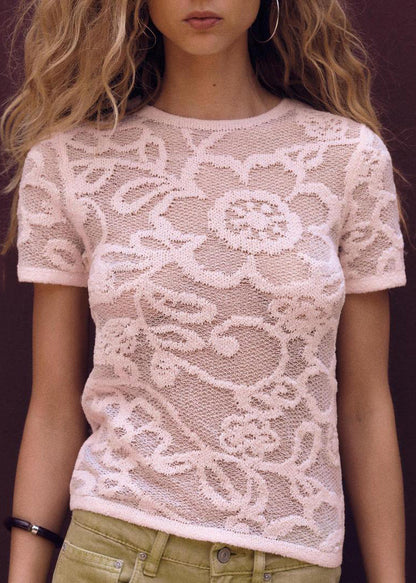 Pink Art Neck Hollow Shirts O Summer T Out Knit