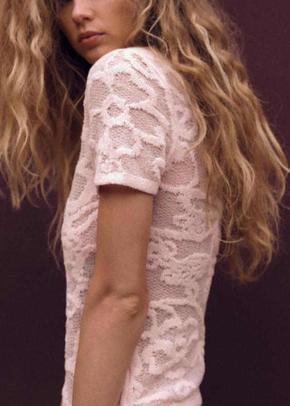 Pink Art Neck Hollow Shirts O Summer T Out Knit