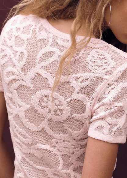 Pink Art Neck Hollow Shirts O Summer T Out Knit