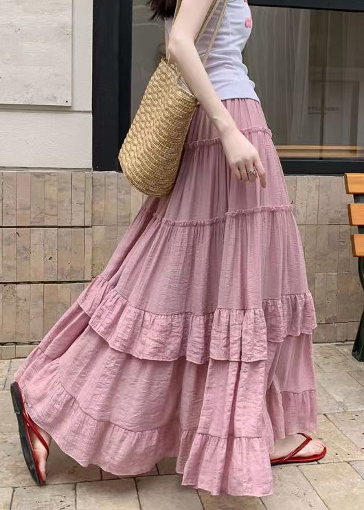 Ruffled Skirts Art Waist Elastic Summer Pink Cotton