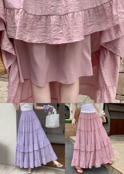 Ruffled Skirts Art Waist Elastic Summer Pink Cotton