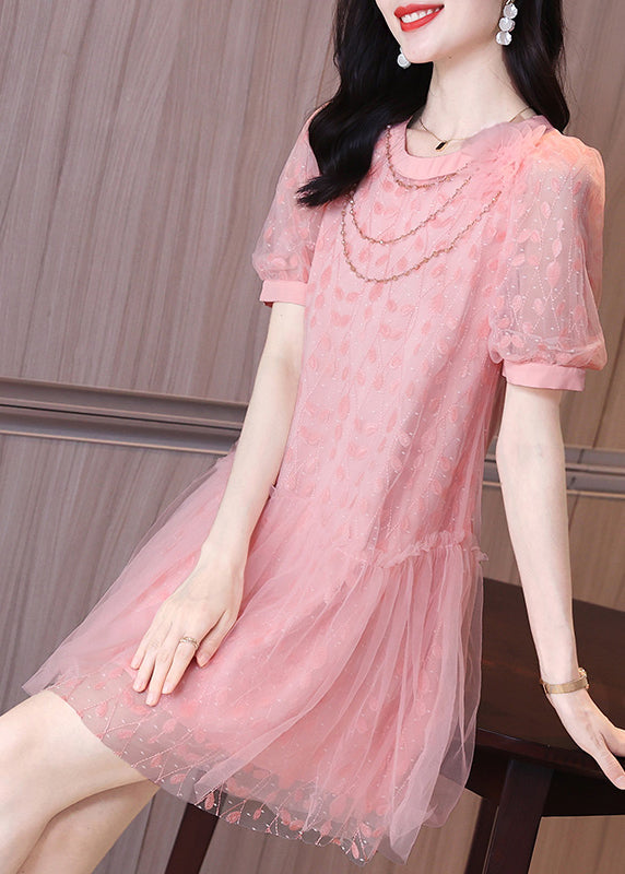 Ruffled Short Party Patchwork Sleeve Pink Dress Tulle Mid Art