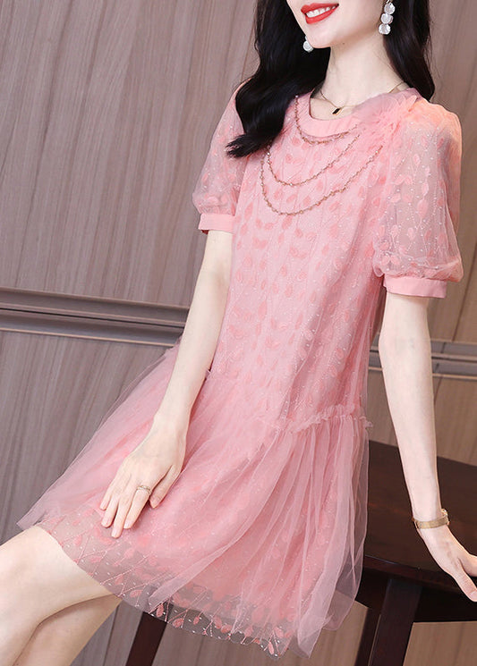 Ruffled Short Party Patchwork Sleeve Pink Dress Tulle Mid Art