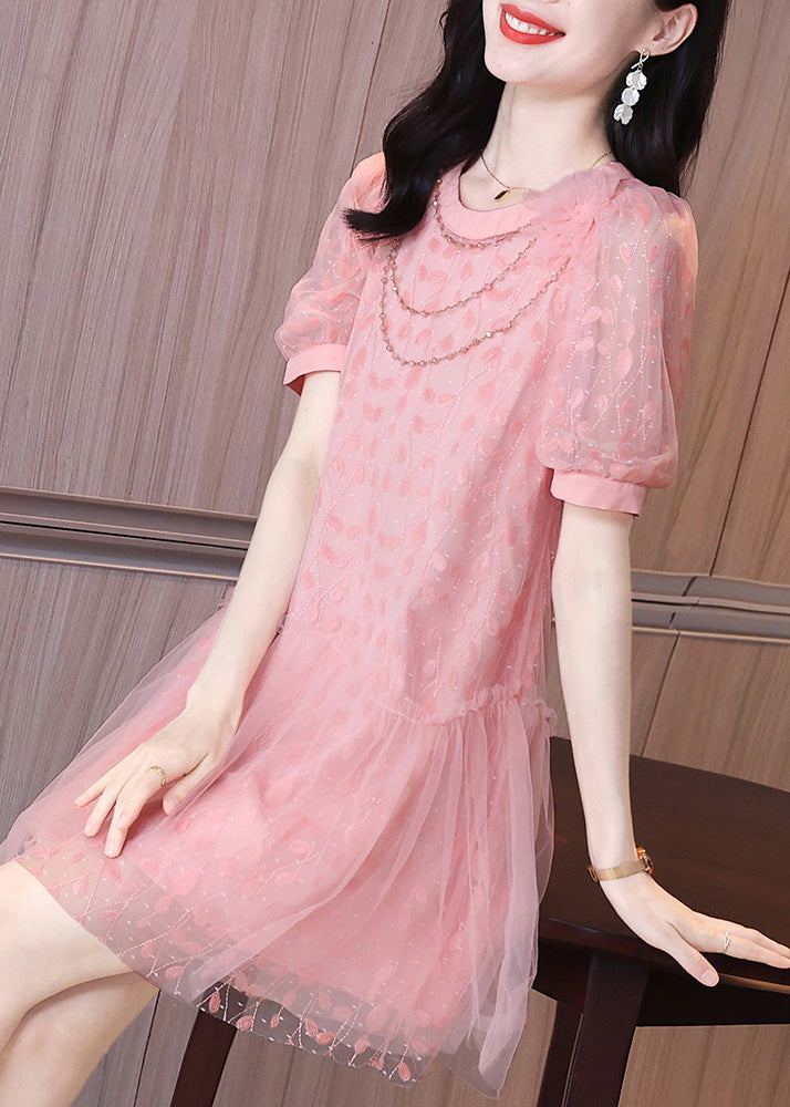 Ruffled Short Party Patchwork Sleeve Pink Dress Tulle Mid Art