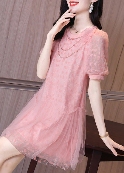 Ruffled Short Party Patchwork Sleeve Pink Dress Tulle Mid Art