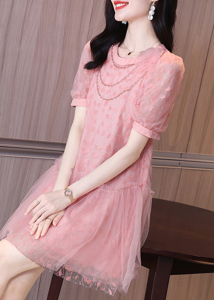 Ruffled Short Party Patchwork Sleeve Pink Dress Tulle Mid Art