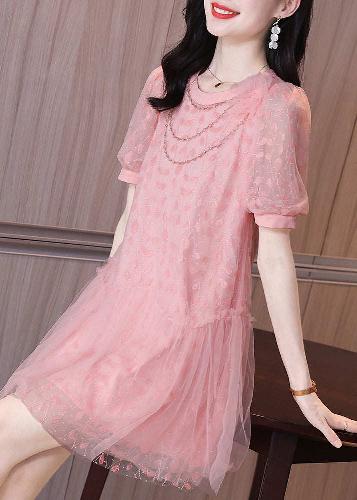 Ruffled Short Party Patchwork Sleeve Pink Dress Tulle Mid Art
