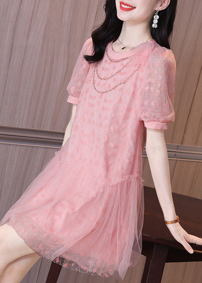 Ruffled Short Party Patchwork Sleeve Pink Dress Tulle Mid Art