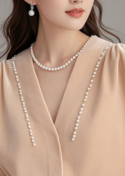 Silk Shirt Pink Pearl Velour Art Neck Spring V